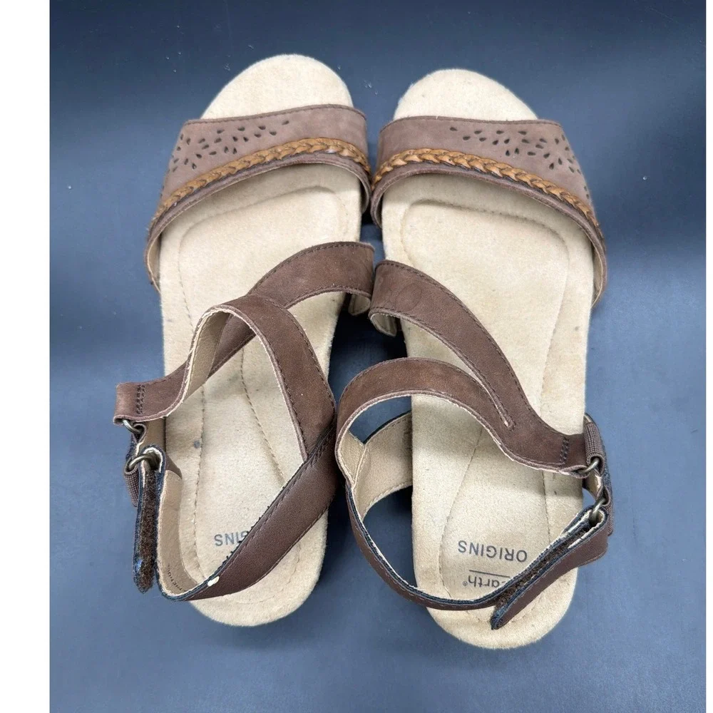 Earth Origins Kendra Karla Bark Brown Leather Wedge Sandals Womens 8.5M 2019S